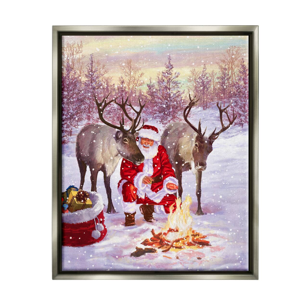 Stupell Industries Santa & Reindeer Bonfire Scene Framed Floater Canvas Wall Art